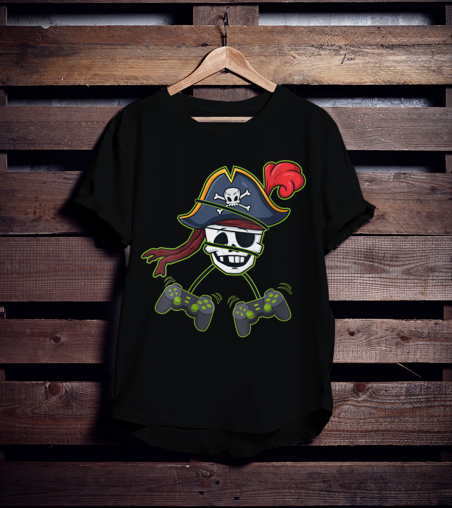 Halloween Pirate Skeleton Gamer With Controller Hat And Crossbones T-Shirt