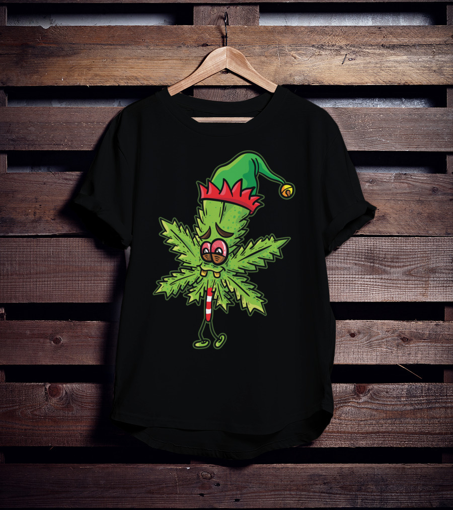 Stoned Elf Cannabis Leaf With Festive Hat Smoking Weed Elves T-Shirt