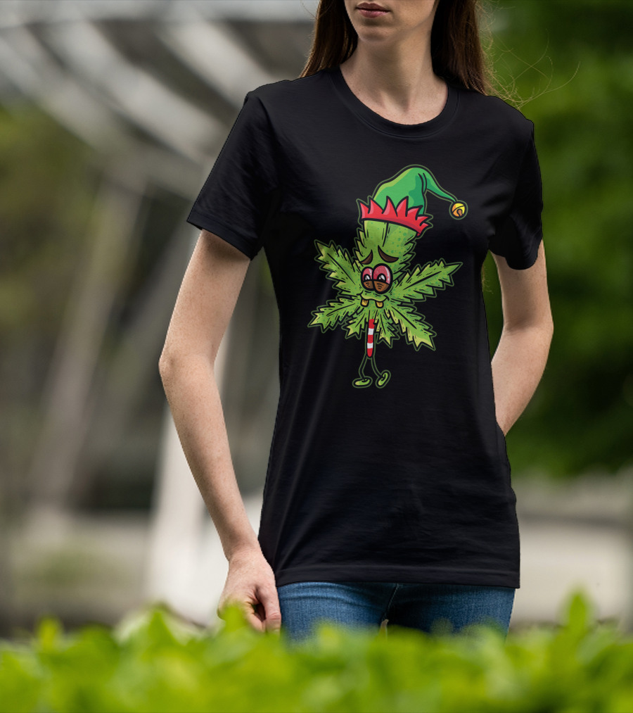Stoned Elf Cannabis Leaf With Festive Hat Smoking Weed Elves T-Shirt
