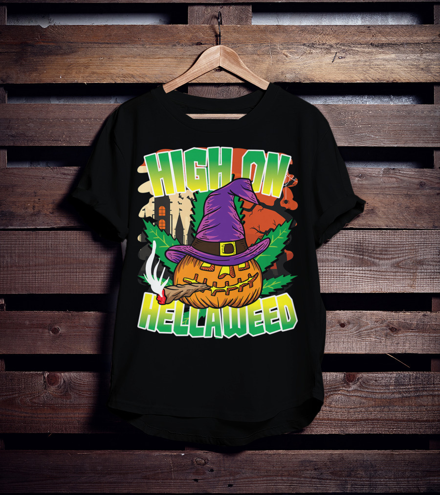 High On Hellaweed Pumpkin Smoking Weed THC Halloween Stoner T-Shirt