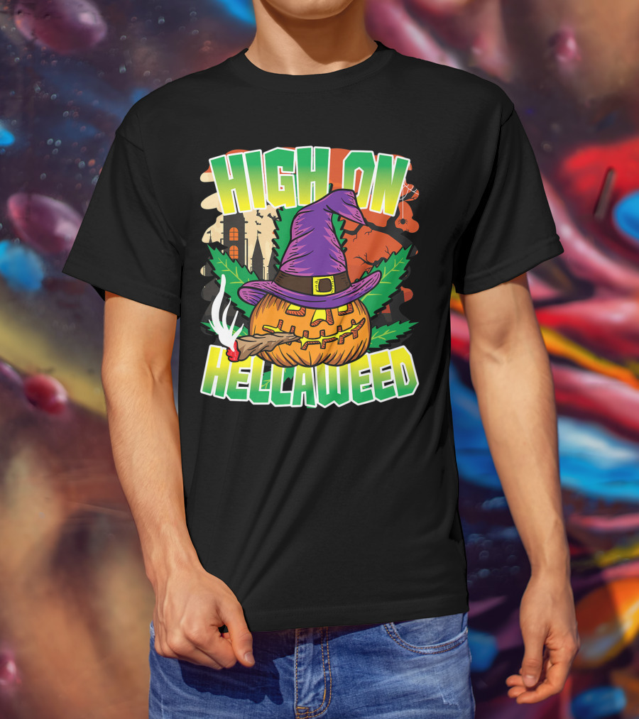 High On Hellaweed Pumpkin Smoking Weed THC Halloween Stoner T-Shirt
