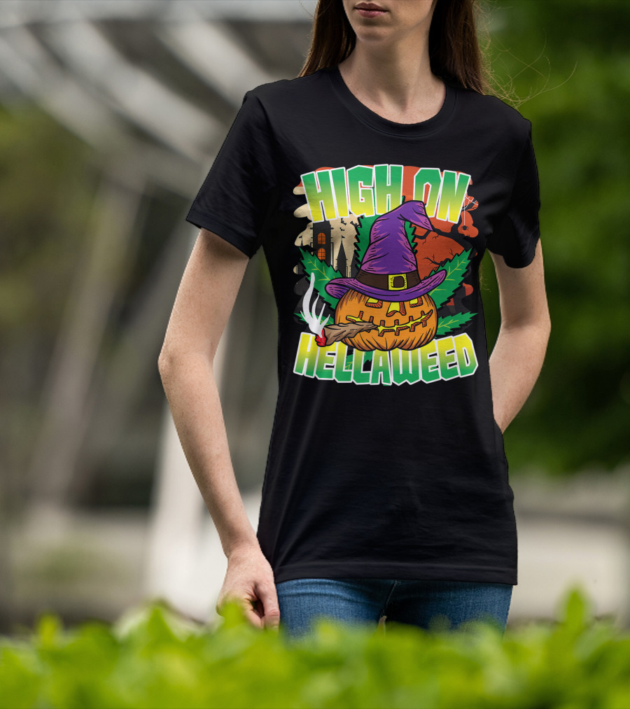 High On Hellaweed Pumpkin Smoking Weed THC Halloween Stoner T-Shirt