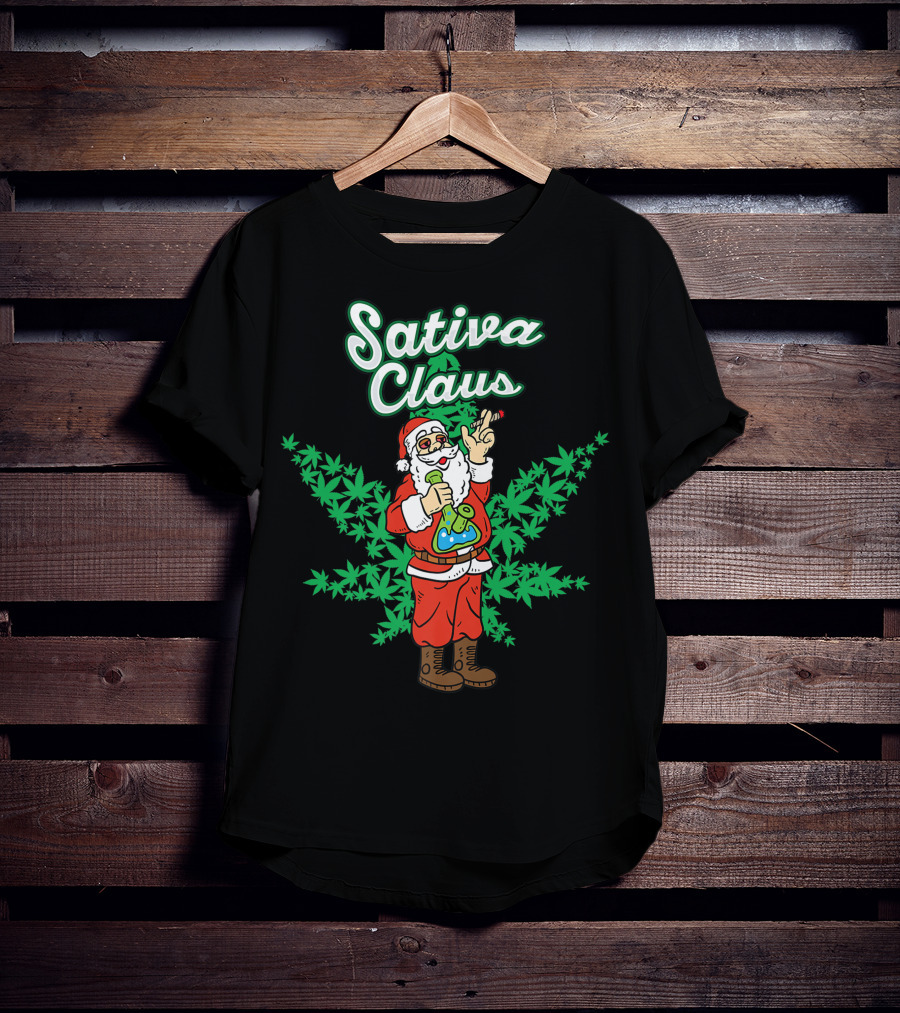 Sativa Claus Cannabis Marijuana Smoking Santa With Weed Leaves T-Shirt