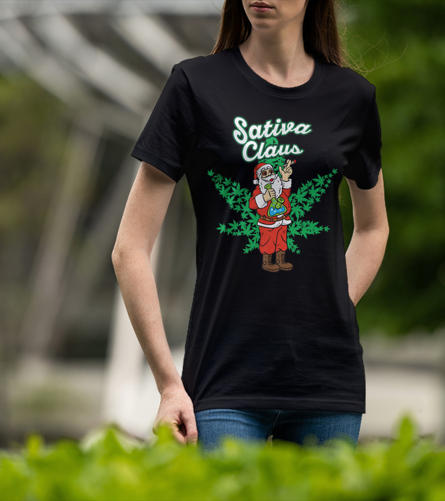 Sativa Claus Cannabis Marijuana Smoking Santa With Weed Leaves T-Shirt