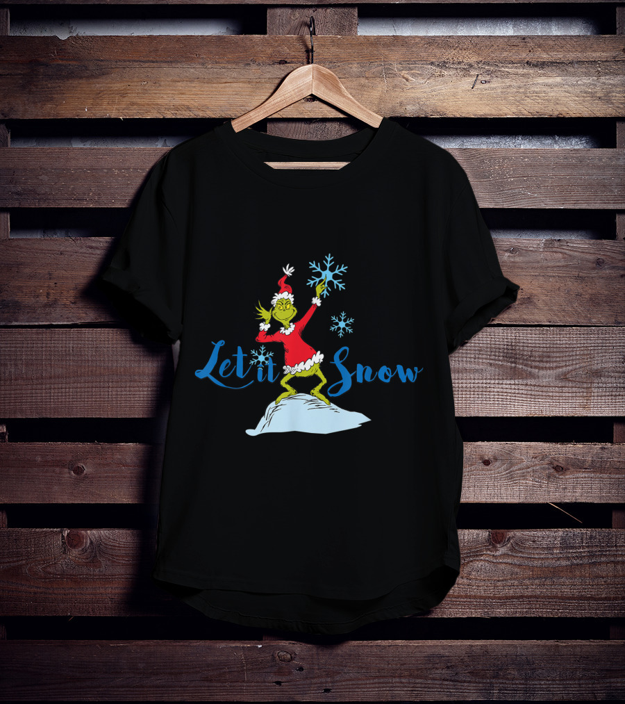 Grinch In Santa Outfit Holding Snowflakes Let It Snow T-Shirt