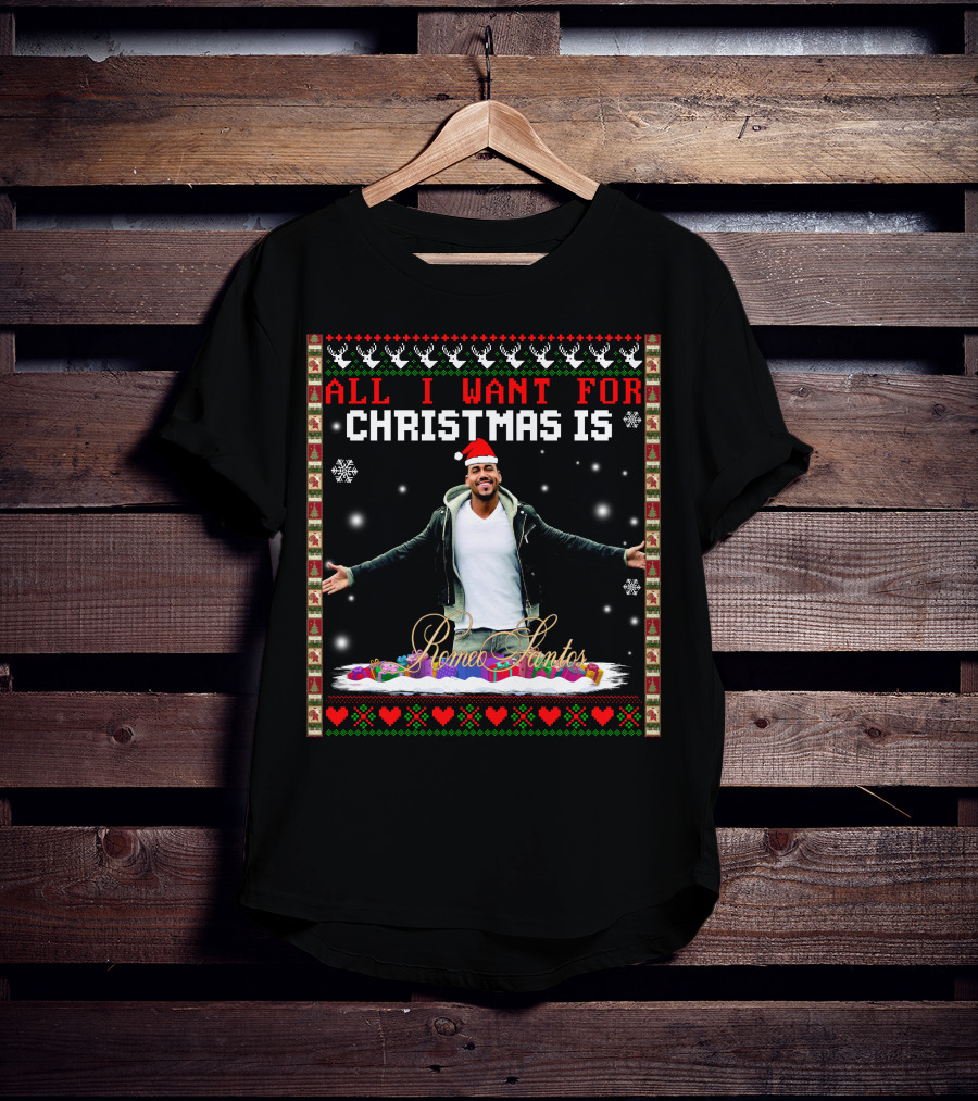 All I Want For Christmas Is Romeo Santos Santa Hat Snowflakes Hearts T-Shirt