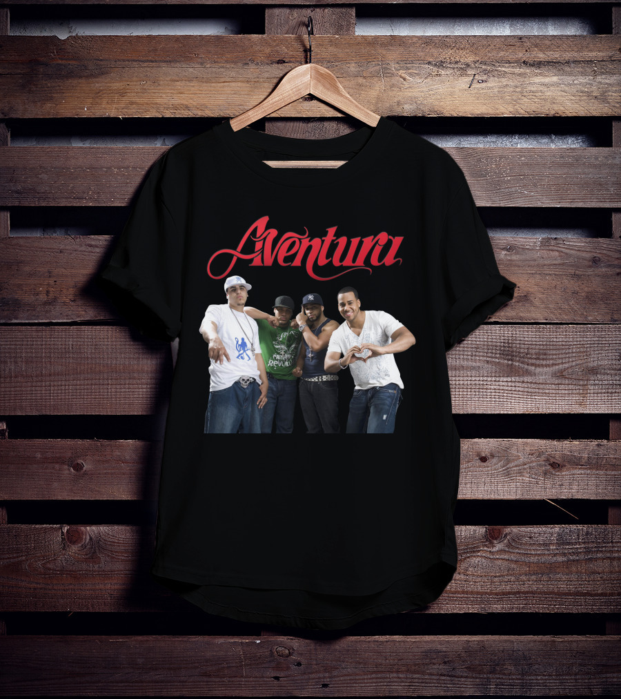 Aventura Band Red Script Logo Casual Group Photo T-Shirt