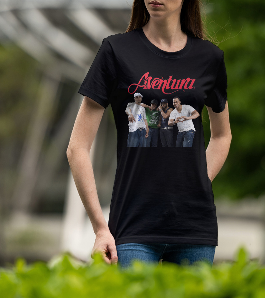 Aventura Band Red Script Logo Casual Group Photo T-Shirt