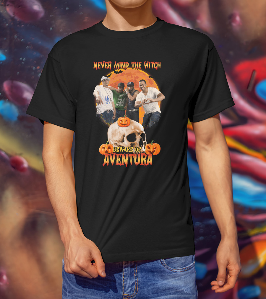 Never Mind The Witch Beware Of Aventura Halloween Pumpkin Skull Scene T-Shirt