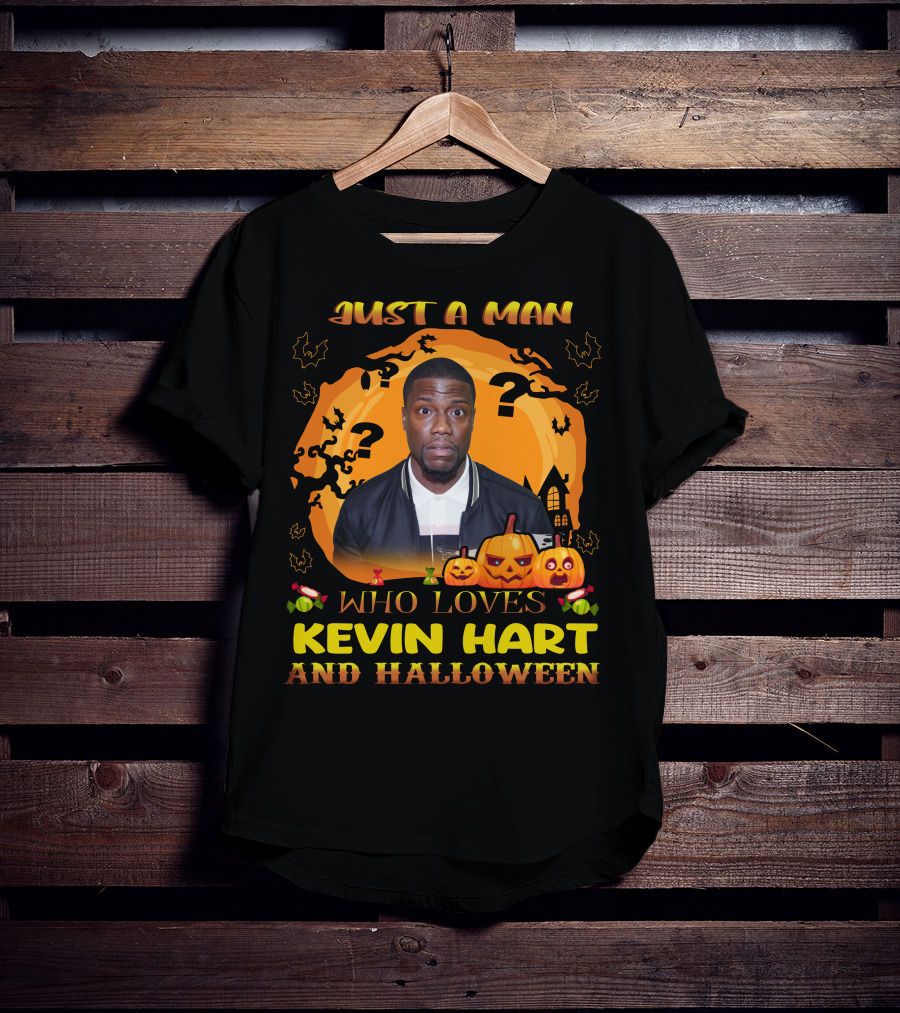 Just A Man Who Loves Kevin Hart And Halloween With Pumpkins And Bats T-Shirt