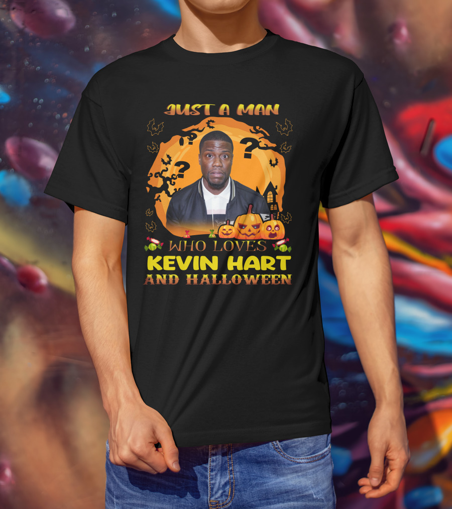 Just A Man Who Loves Kevin Hart And Halloween With Pumpkins And Bats T-Shirt