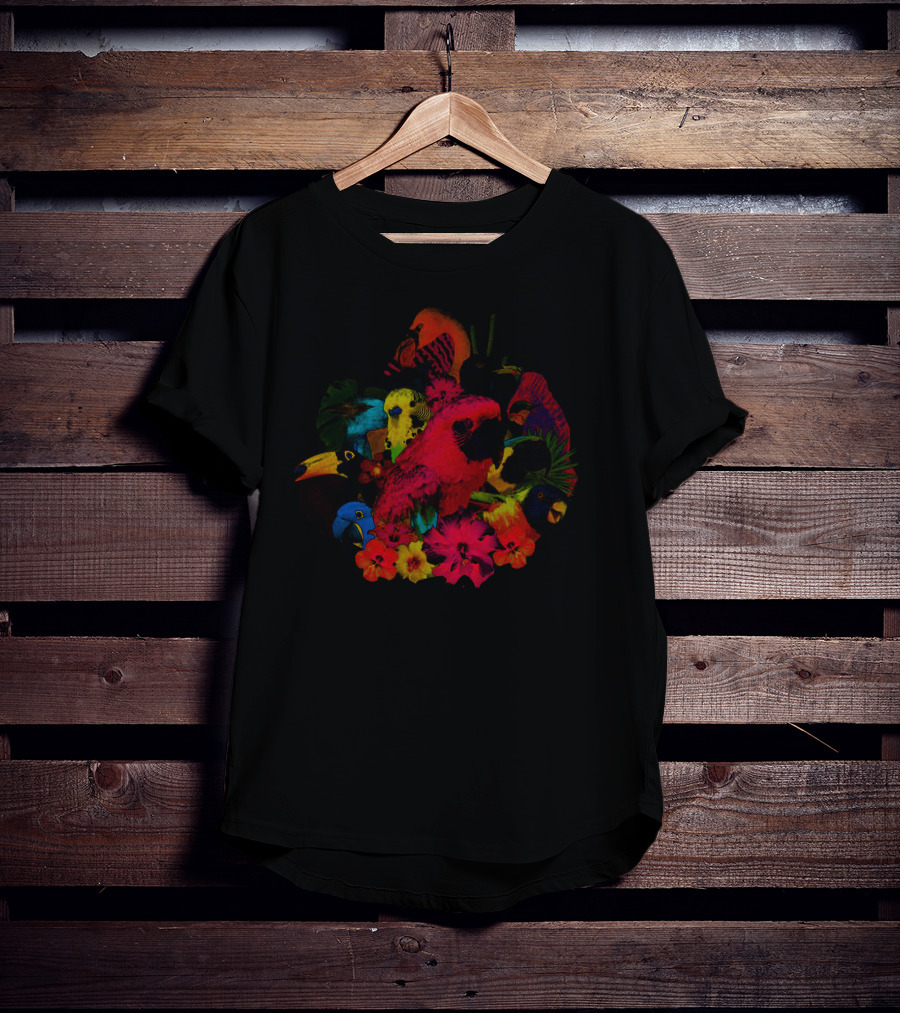 Algernon Cadwallader Colorful Parrots And Tropical Flowers T-Shirt