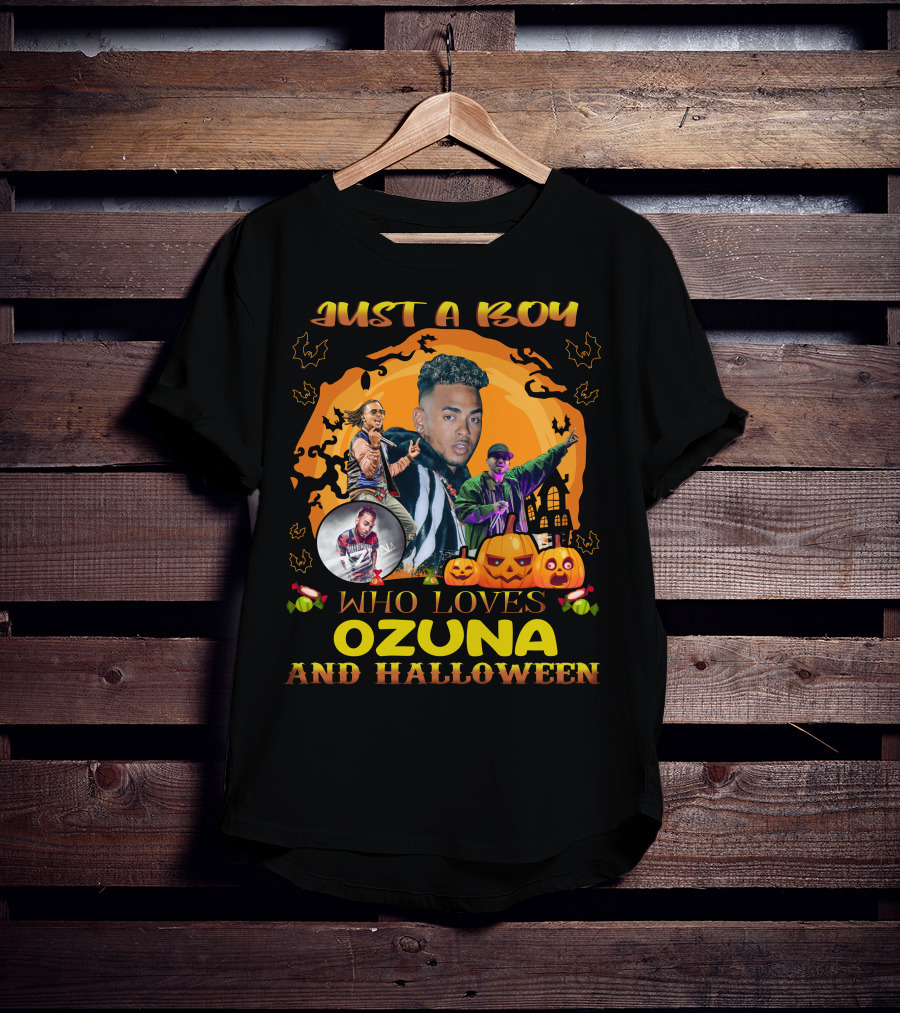 Just A Boy Who Loves Ozuna And Halloween Pumpkins Bats And Haunted House T-Shirt