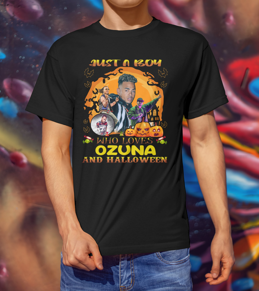 Just A Boy Who Loves Ozuna And Halloween Pumpkins Bats And Haunted House T-Shirt