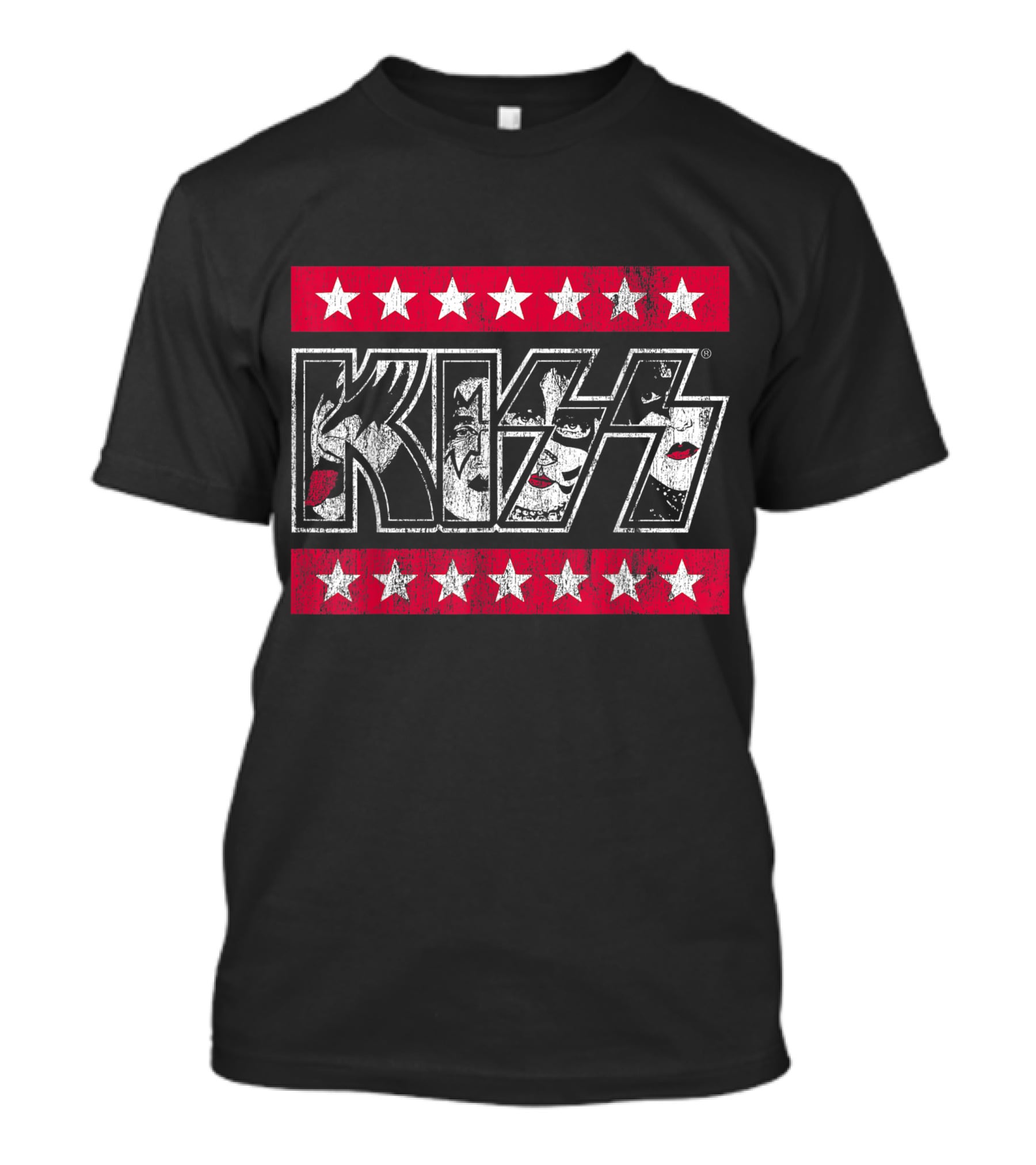 KISS Rock N Roll Stars Faces With Red And White Stars T-Shirt