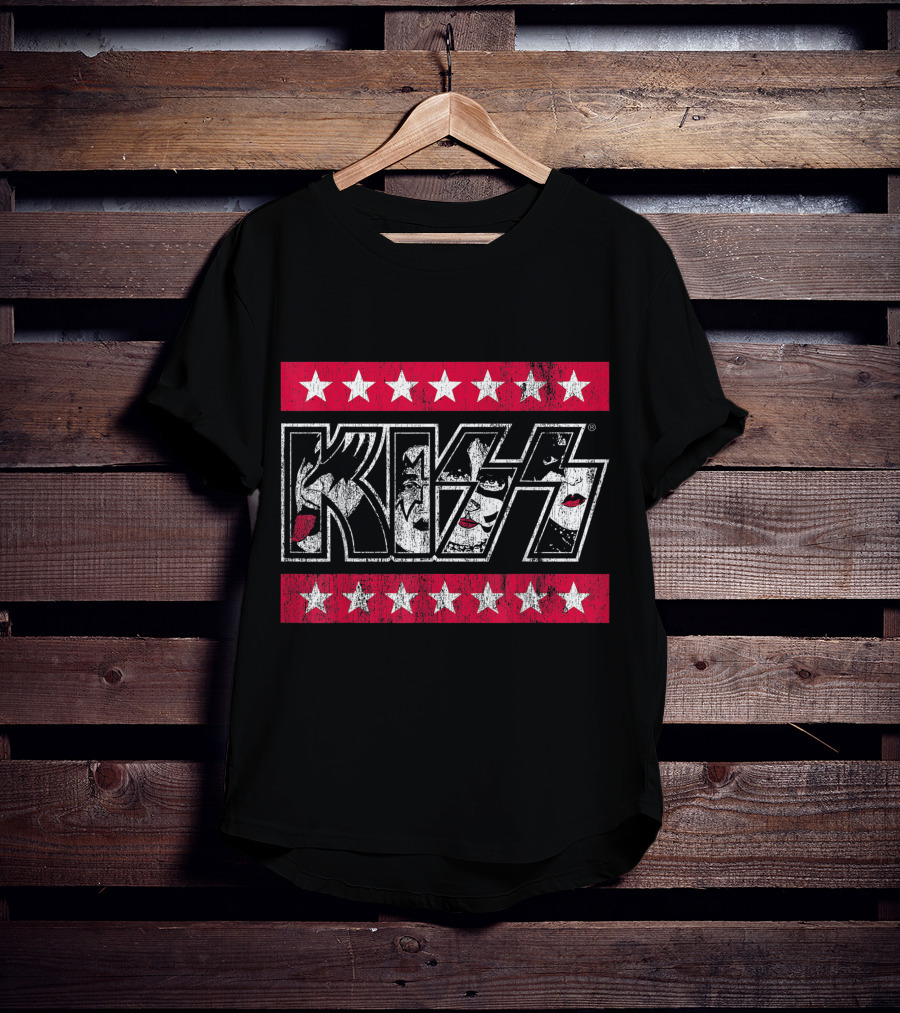KISS Rock N Roll Stars Faces With Red And White Stars T-Shirt