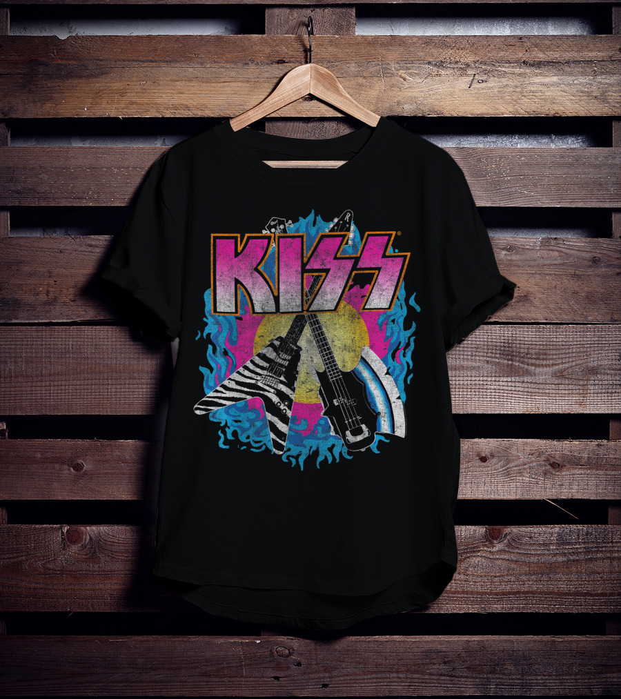 KISS Young Wasted Zebra Stripe Flying V And Bass With Flaming Background T-Shirt
