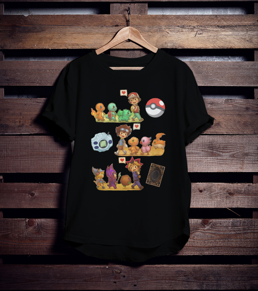 Pokémon Digimon Yu-Gi-Oh Adventure Characters With Love Symbols T-Shirt