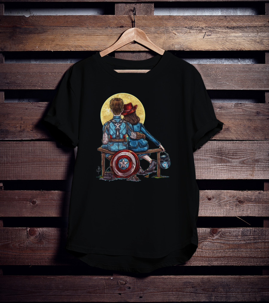 Marvel Captain America Moonlight Bench Scene With Shield And Helmet T-Shirt