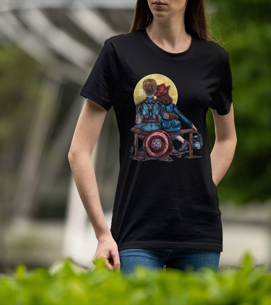 Marvel Captain America Moonlight Bench Scene With Shield And Helmet T-Shirt
