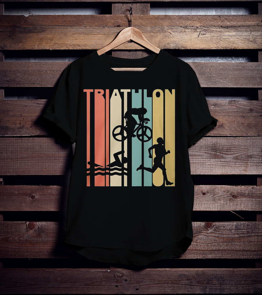 Vintage Triathlon Swimming Cycling Running Silhouettes Retro Stripes T-Shirt