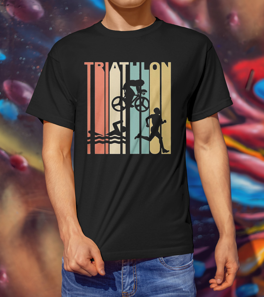 Vintage Triathlon Swimming Cycling Running Silhouettes Retro Stripes T-Shirt