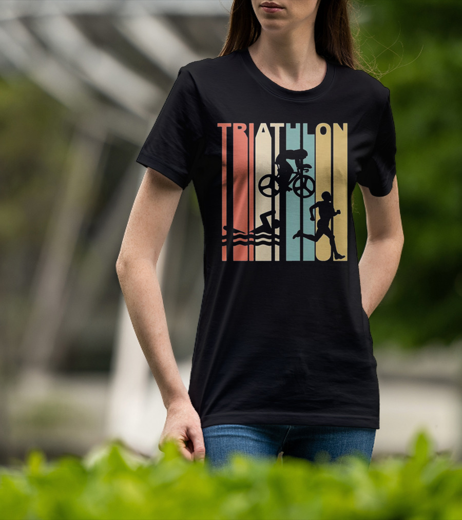 Vintage Triathlon Swimming Cycling Running Silhouettes Retro Stripes T-Shirt