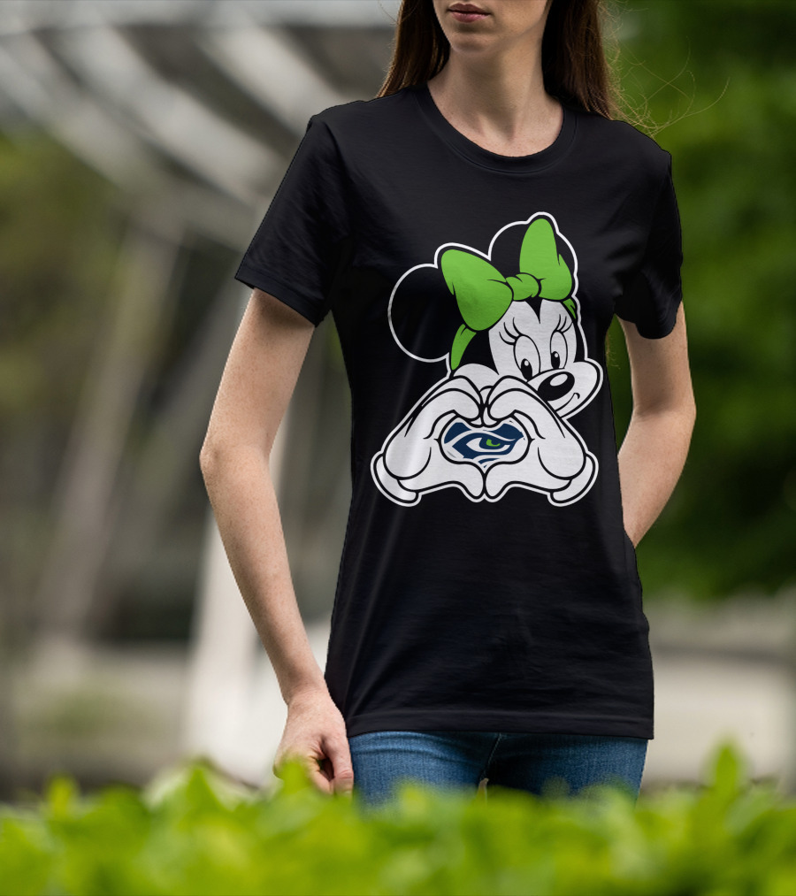 Seattle Seahawks Minnie Mouse Heart Hands Green Bow T-Shirt