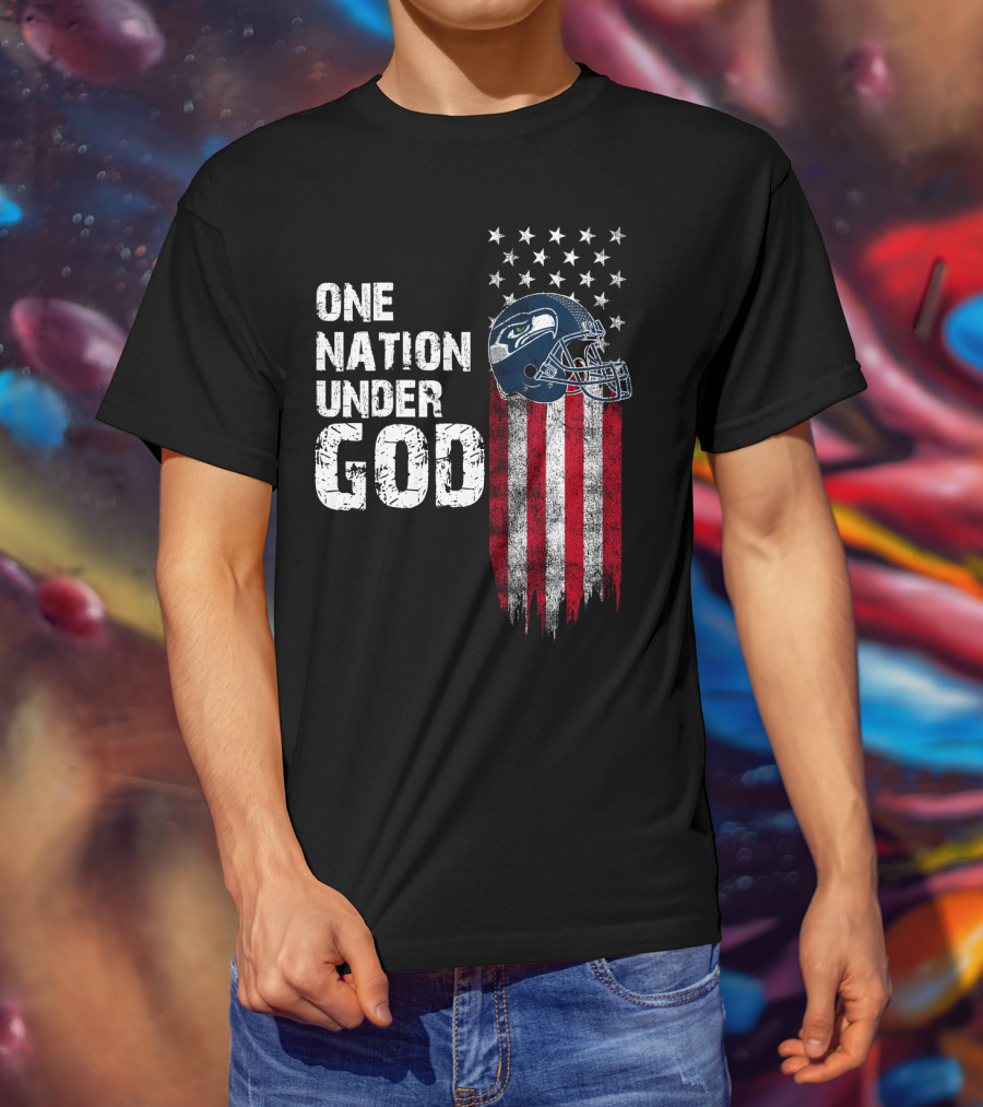 One Nation Under God Seattle Seahawks American Flag Football Helmet T-Shirt