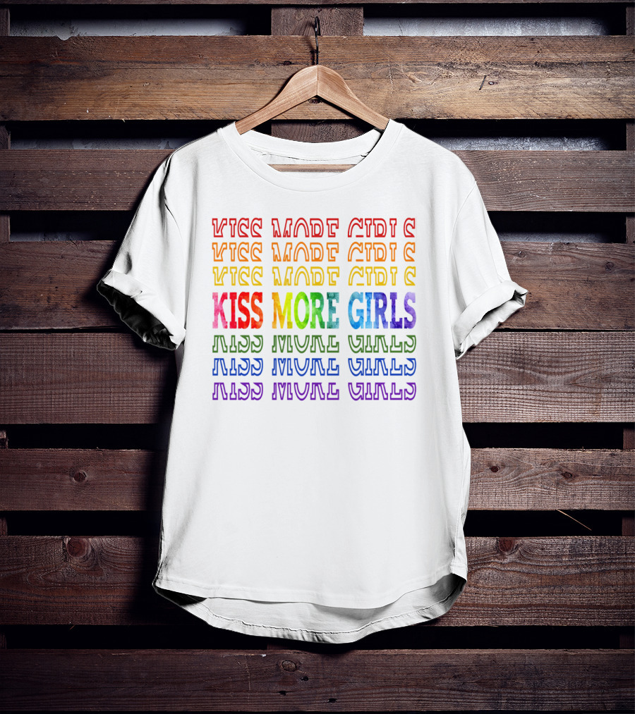 Kiss More Girls Rainbow Pride Repeated Text T-Shirt