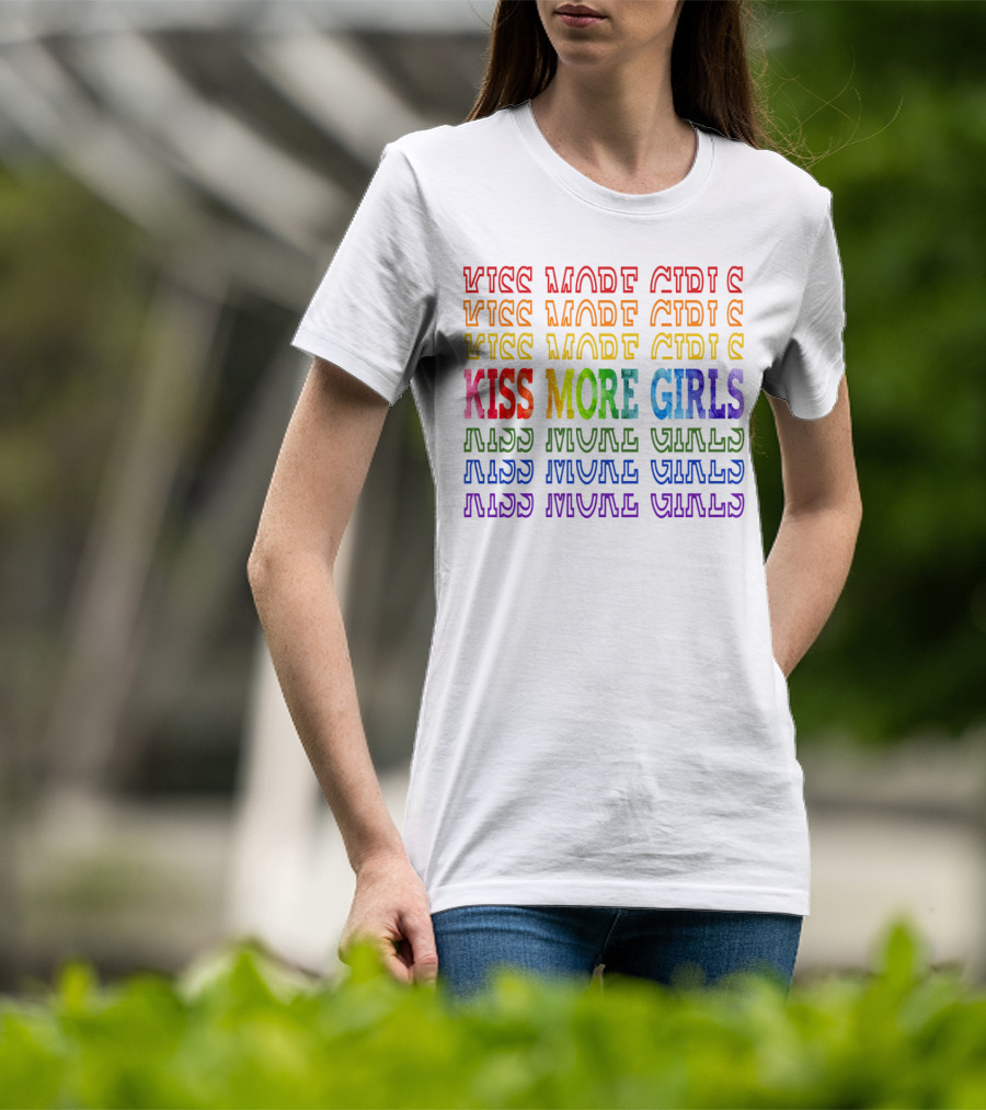 Kiss More Girls Rainbow Pride Repeated Text T-Shirt
