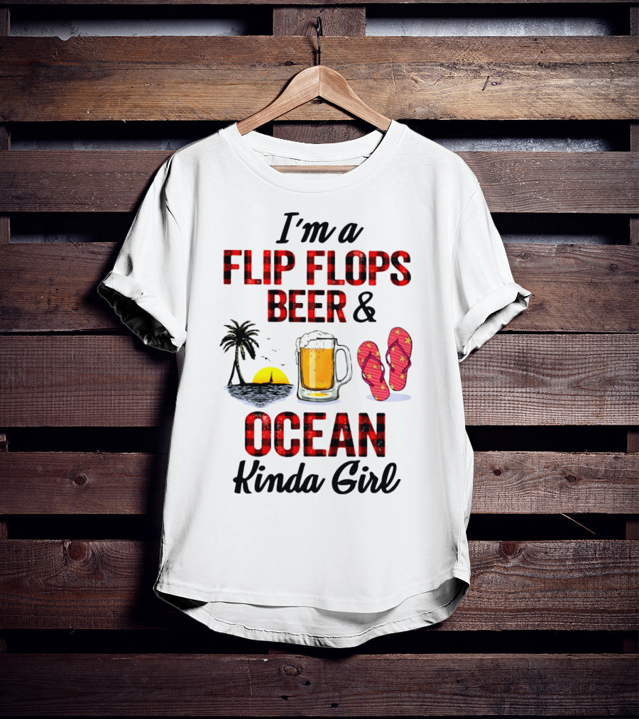 I'm A Flip Flops Beer Ocean Kinda Girl Palm Tree Sunset Red T-Shirt