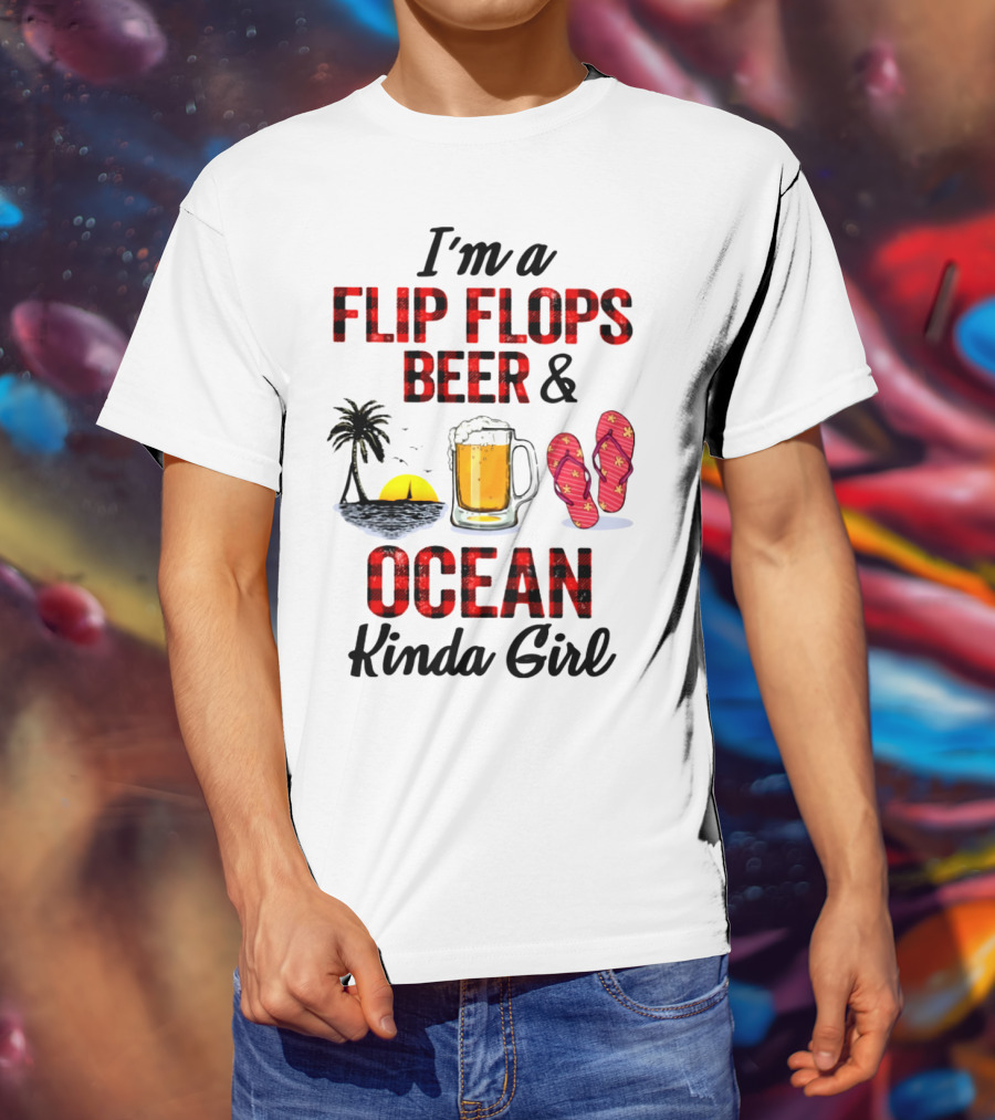 I'm A Flip Flops Beer Ocean Kinda Girl Palm Tree Sunset Red T-Shirt