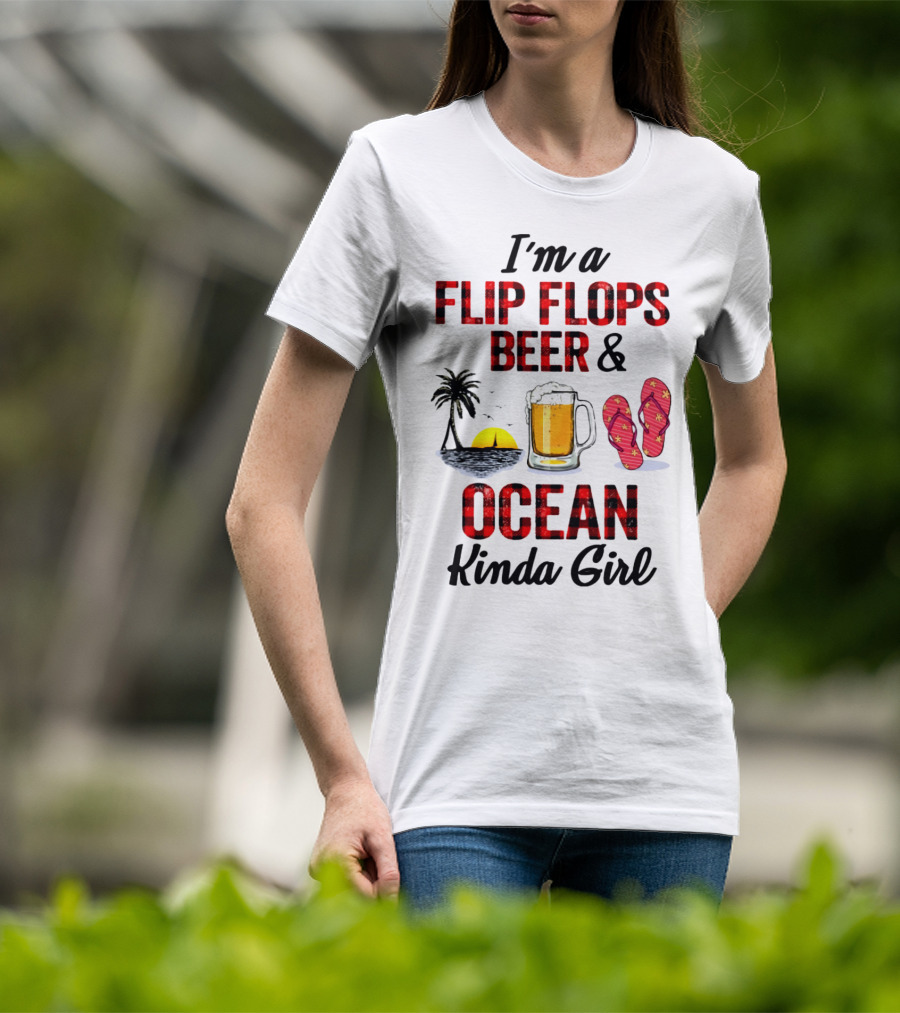 I'm A Flip Flops Beer Ocean Kinda Girl Palm Tree Sunset Red T-Shirt