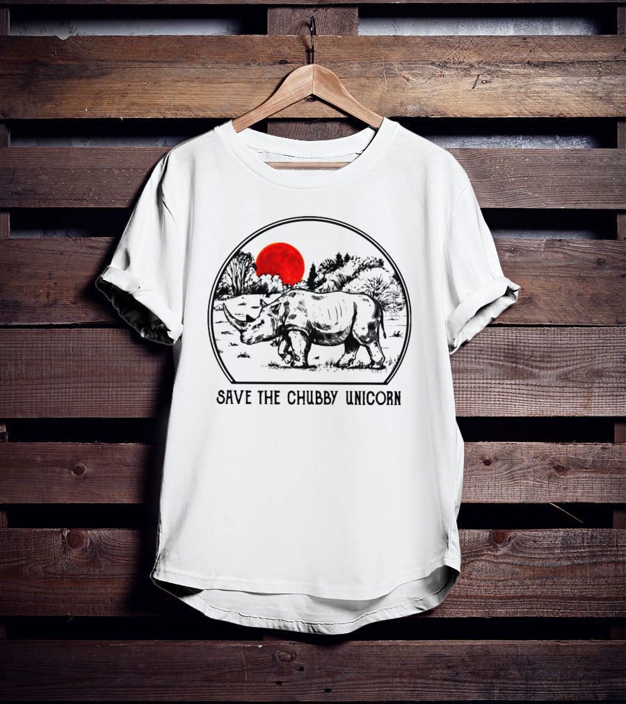 Save The Chubby Unicorn Rhino Illustration With Red Sun And Landscape T-Shirt