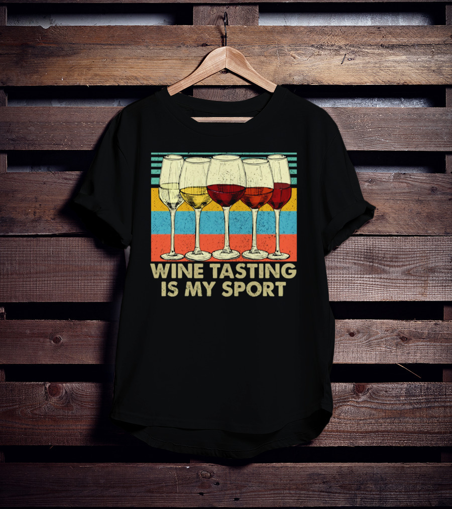Wine Tasting Is My Sport Retro Wine Glasses On Colorful Stripes T-Shirt