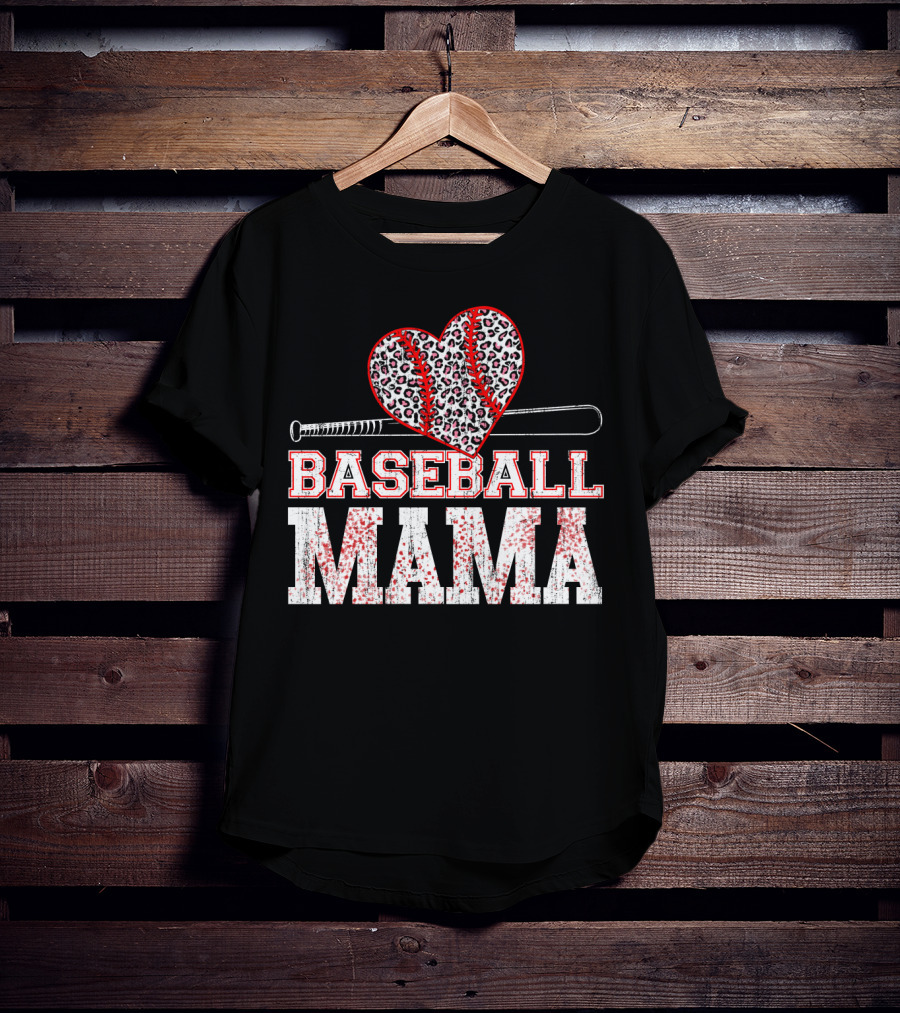 Baseball Mama Leopard Heart Bat T-Shirt