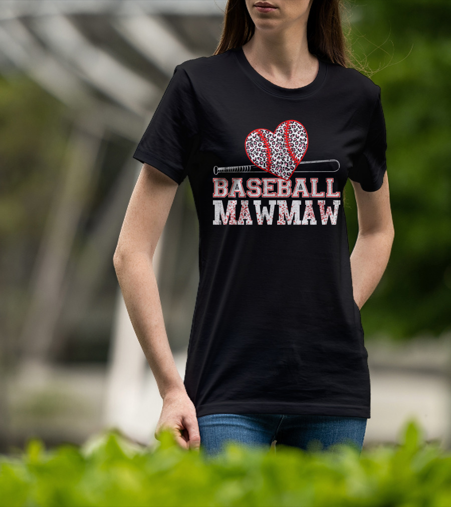 Baseball Mawmaw Leopard Print Heart With Bat T-Shirt