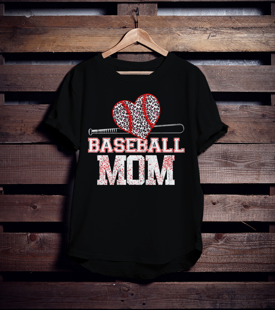 Baseball Mom Heart Leopard Print T-Shirt