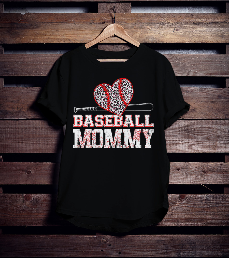 Baseball Mommy Leopard Heart With Bat T-Shirt