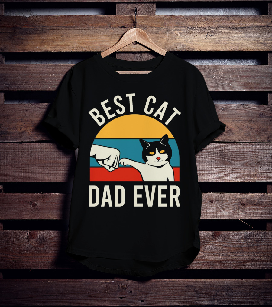 Best Cat Dad Ever Vintage Retro Cat Fist Bump Sunburst T-Shirt