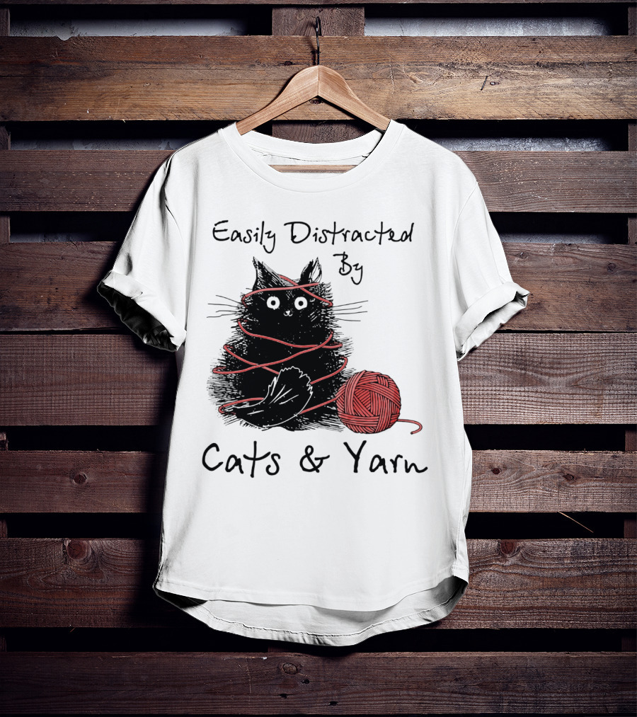 Easily Distracted By Cats And Yarn With Playful Cat Wrapped In Red Yarn T-Shirt