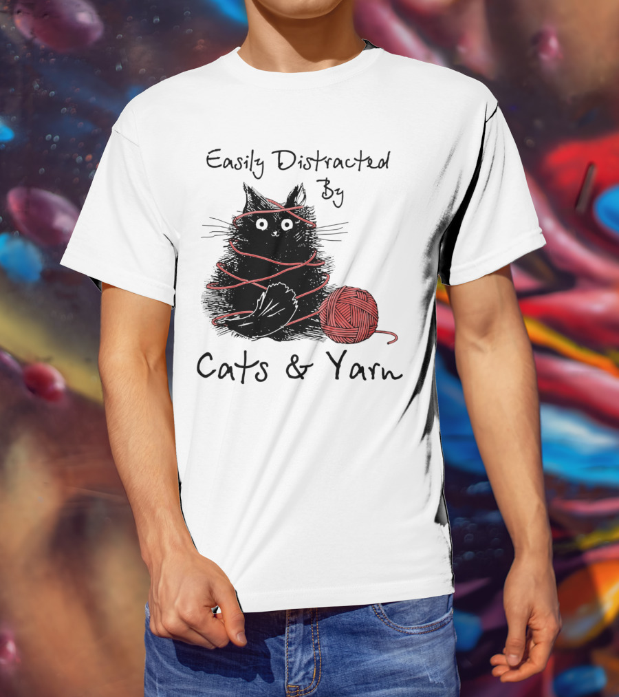 Easily Distracted By Cats And Yarn With Playful Cat Wrapped In Red Yarn T-Shirt
