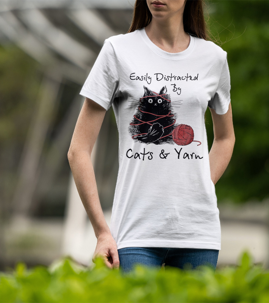 Easily Distracted By Cats And Yarn With Playful Cat Wrapped In Red Yarn T-Shirt