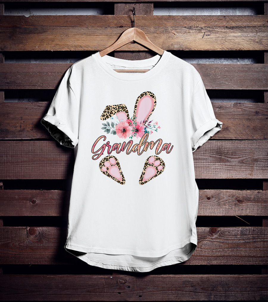 Grandma Leopard Floral Bunny Ears And Paw Prints T-Shirt