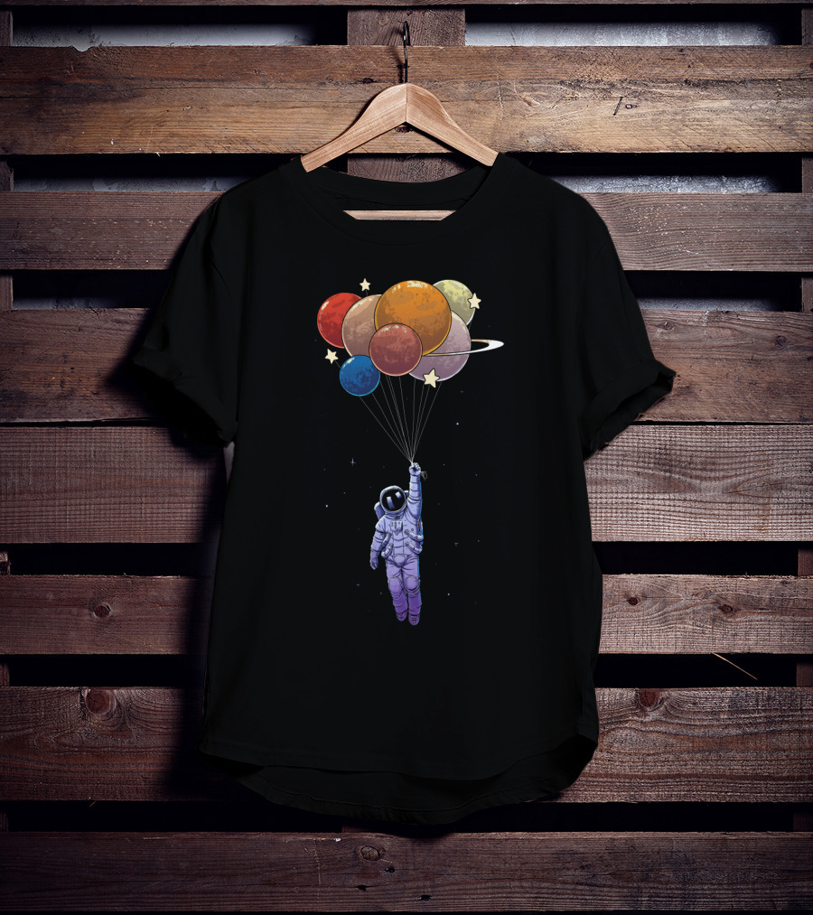 Amstrong Astronaut With Planet Balloons Floating In Space T-Shirt