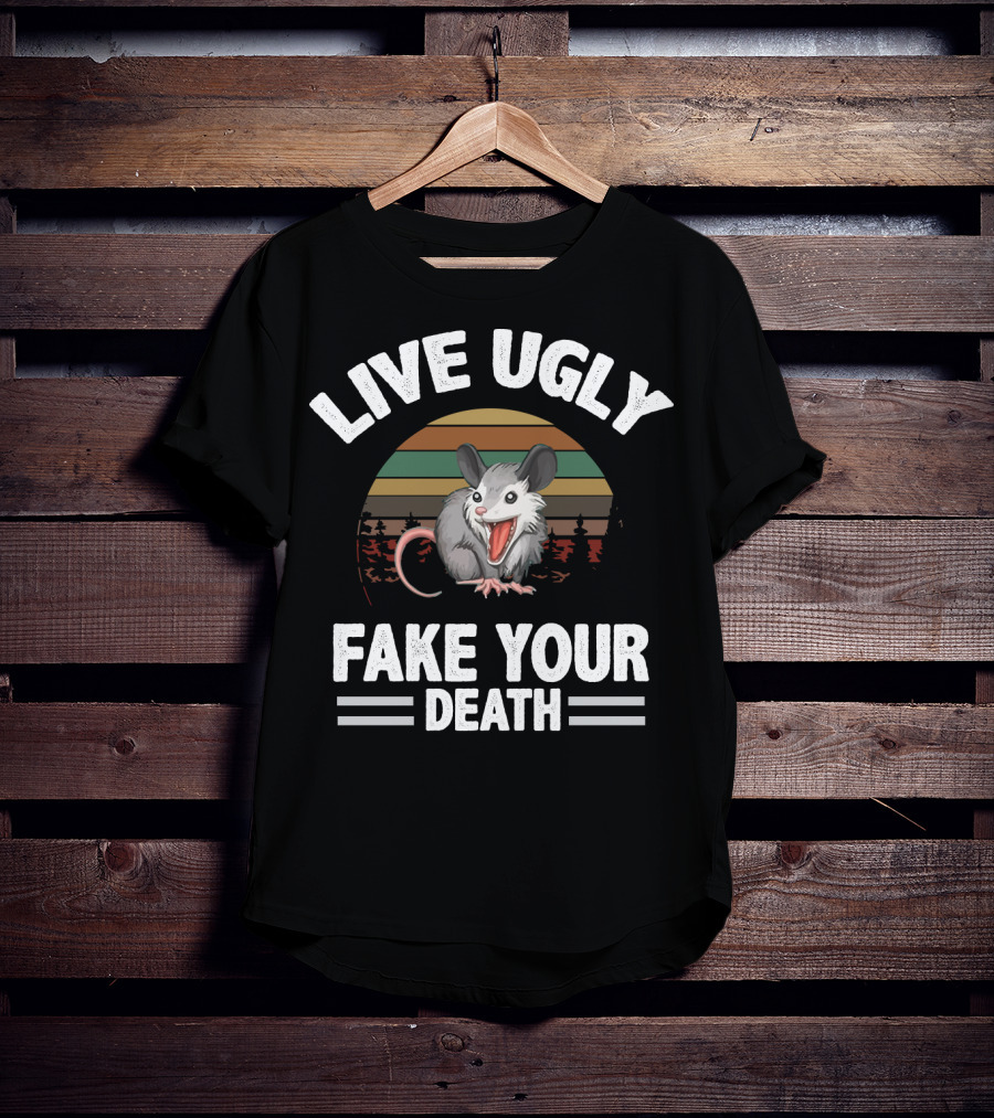 Live Ugly Fake Your Death Cool Angry Opossum Retro Sunset T-Shirt
