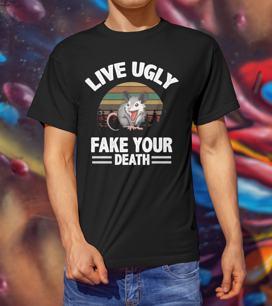 Live Ugly Fake Your Death Cool Angry Opossum Retro Sunset T-Shirt
