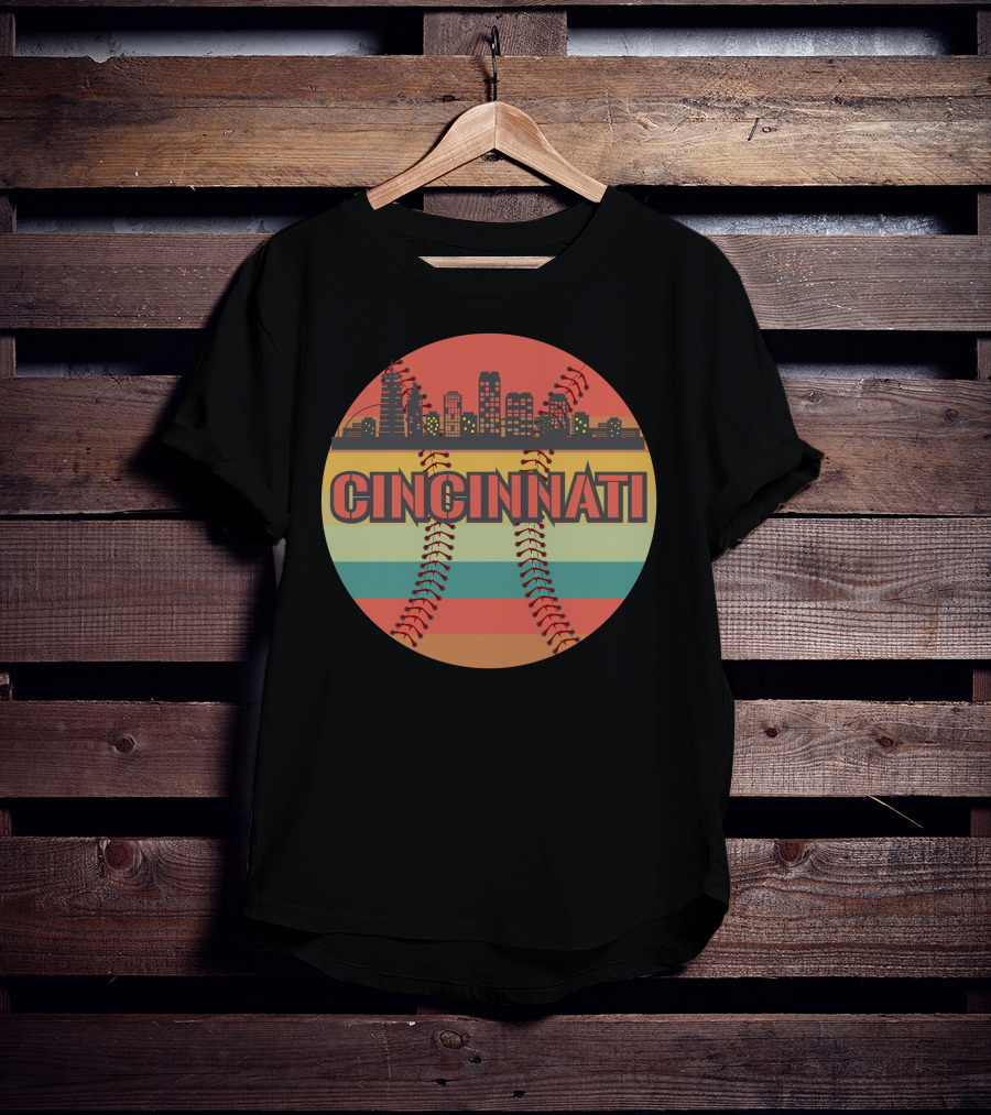 Cincinnati Skyline Vintage Baseball Cityscape Retro Stripes T-Shirt