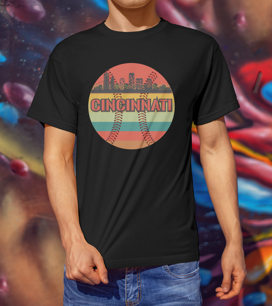 Cincinnati Skyline Vintage Baseball Cityscape Retro Stripes T-Shirt